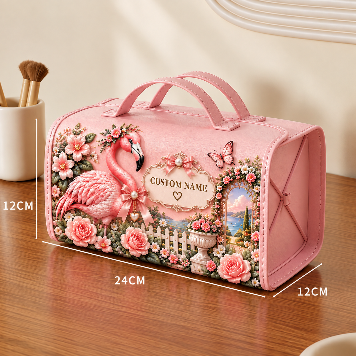 🌸 Personalized Pink Garden Animals Makeup Organizer Bag with Large Capacity Compartments