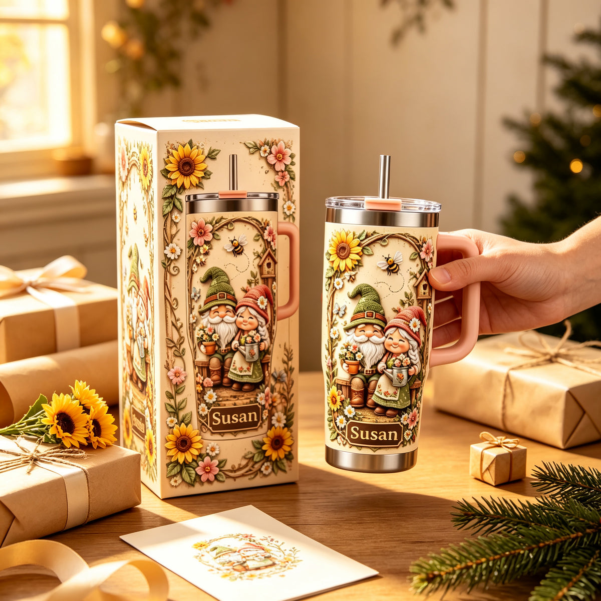 🌻 Personalized Garden Gnome Couple Tumbler - A Cheerful Cup Full of Flowers, Sunshine & Garden Charm