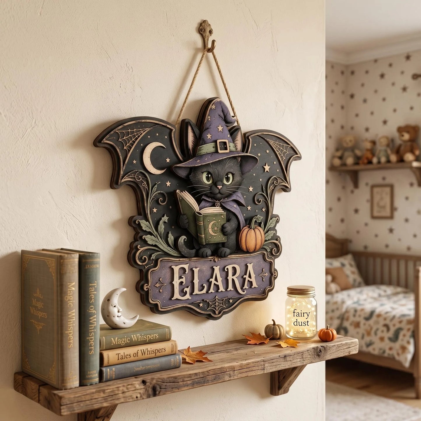 Custom Witch Cat Halloween Door Hanger with Name