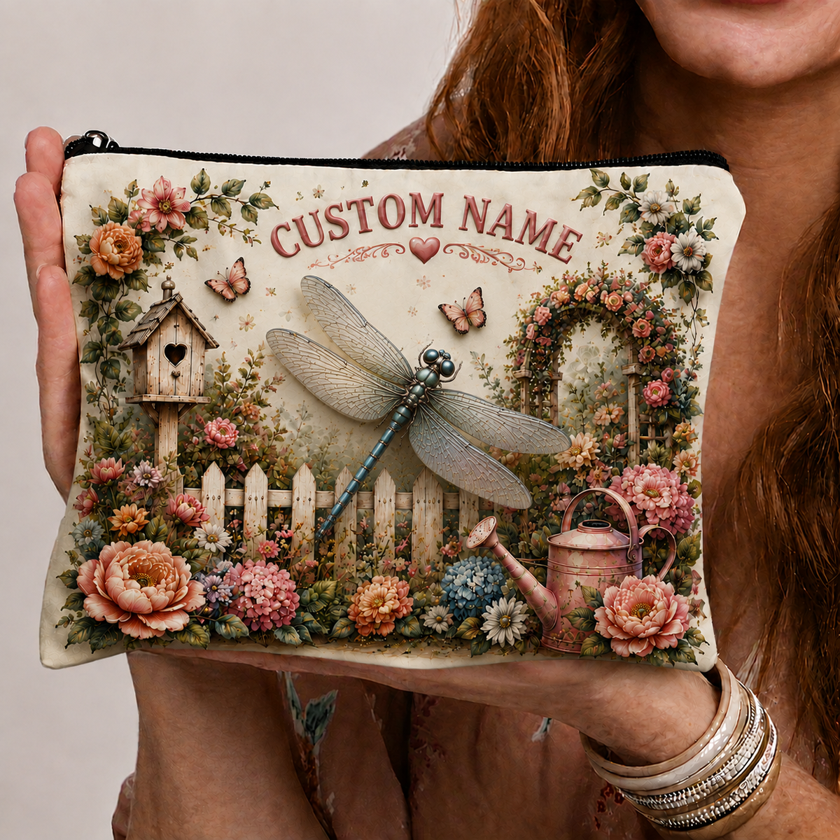 🌸Personalized Garden Animal Embossed – Custom Name Floral Zipper Bag