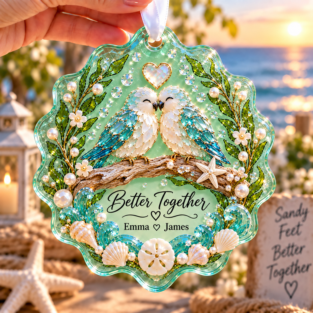 ๐ Personalized Coastal Love Sea Glass Ornament