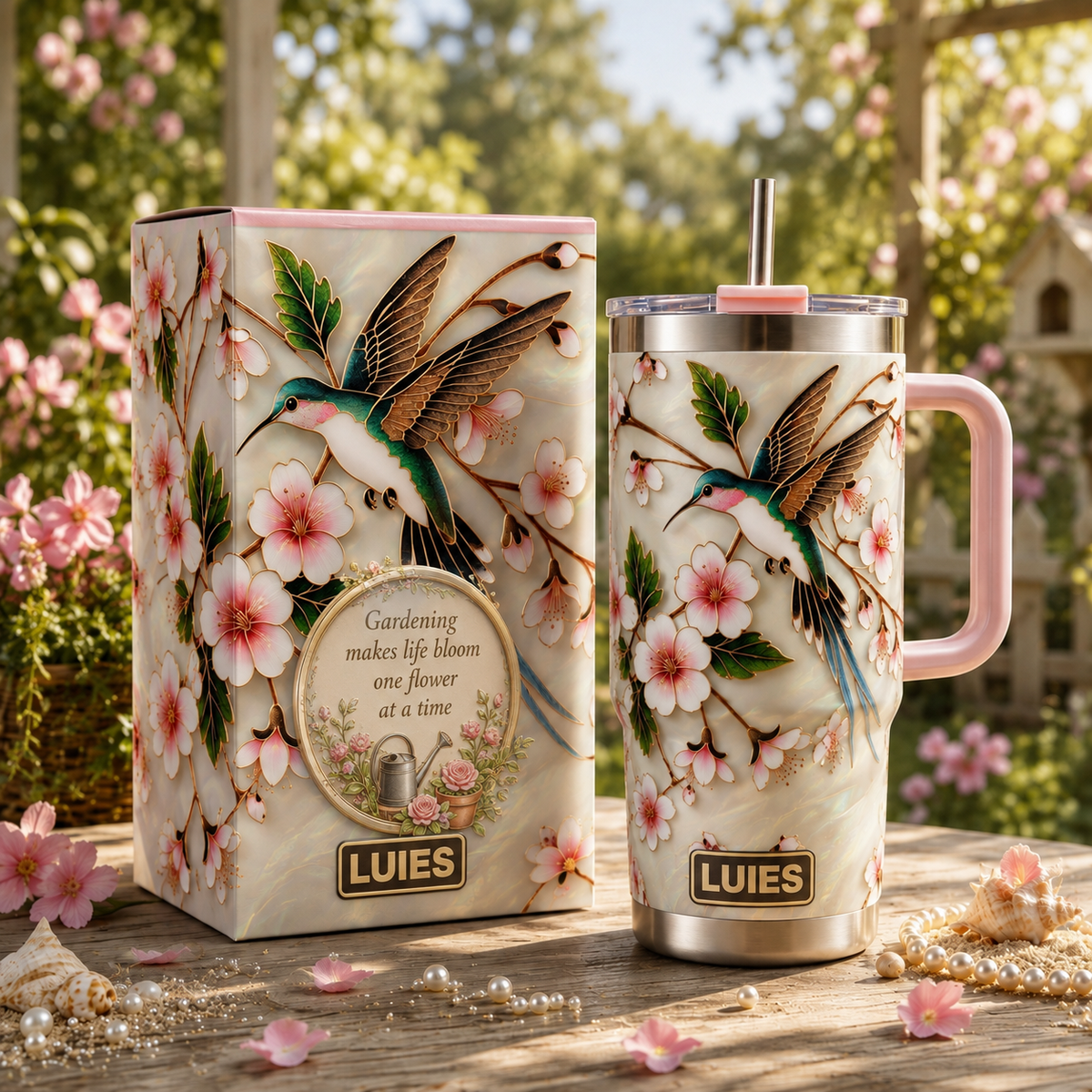 🌸 Personalized Hummingbird Pink Garden Tumbler