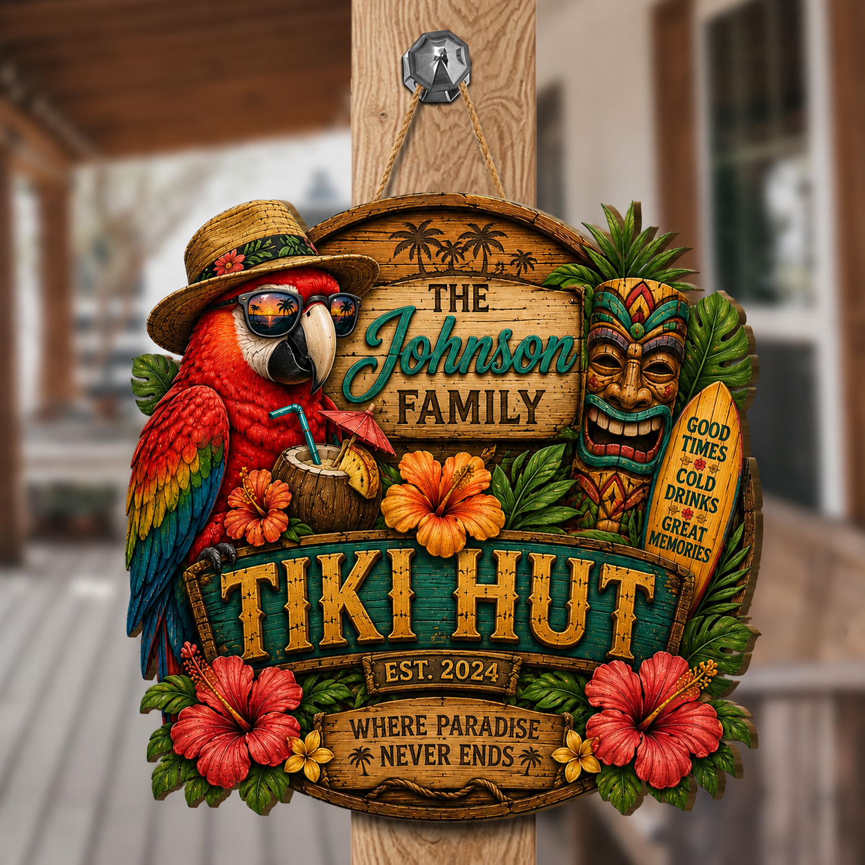Custom Island Tiki Bar Tropical Parrot Door Hanger,