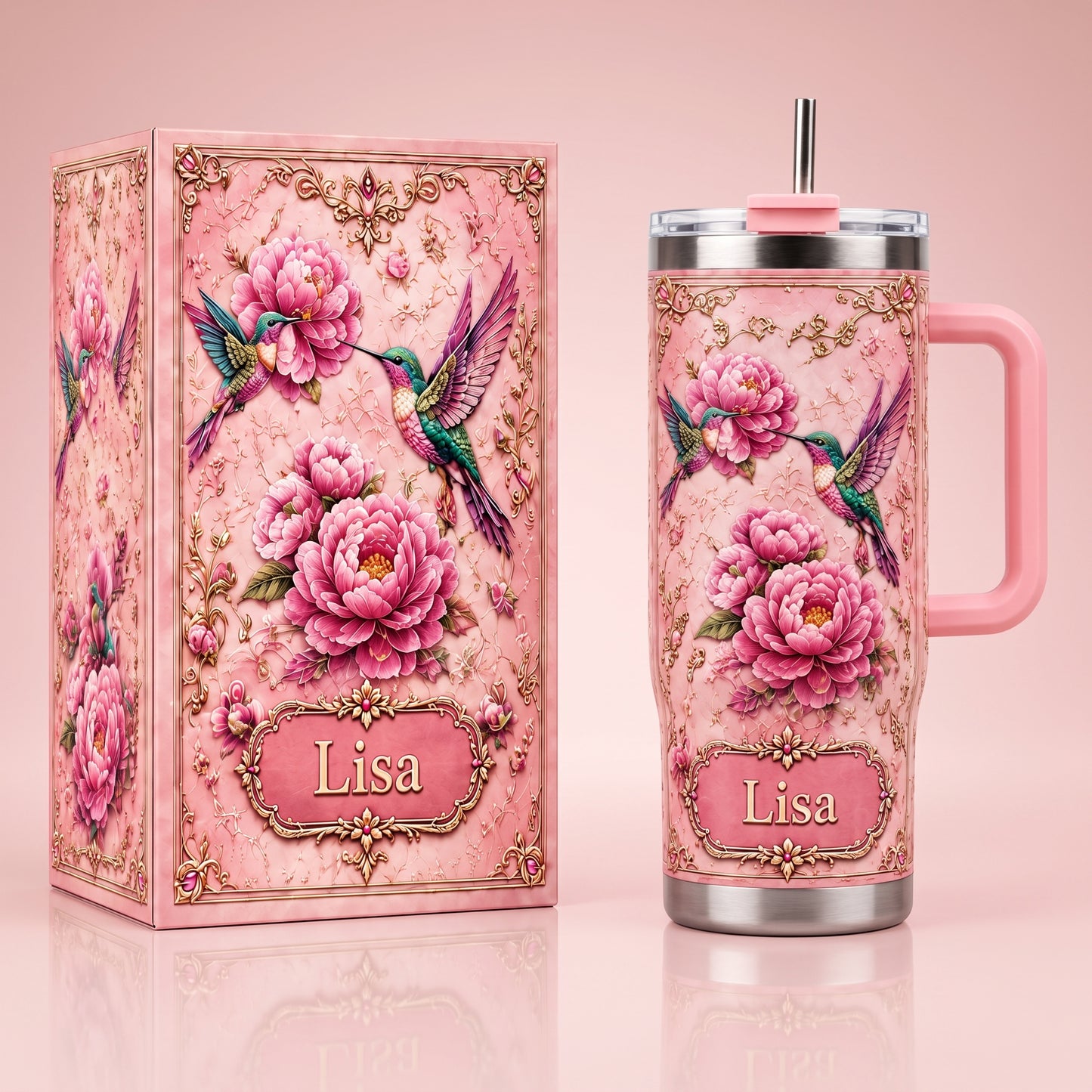 Personalized Hummingbird Peony Tumbler – Custom Name Floral Gift Cup for Her