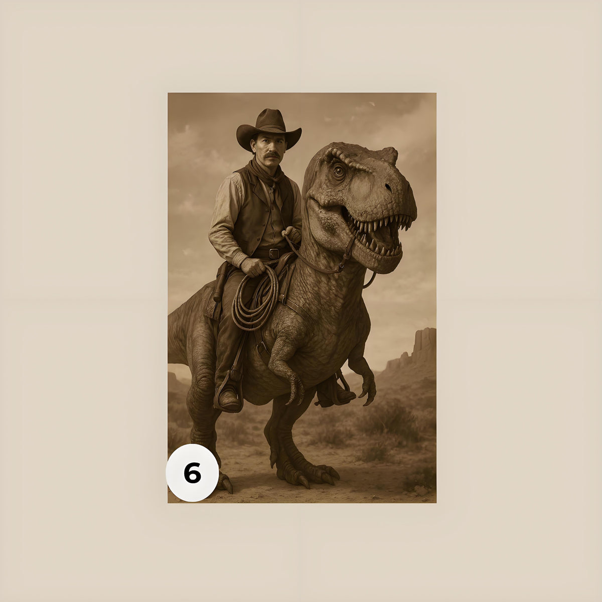 Custom Vintage Portrait: A Western Cowboy Riding a Dinosaur