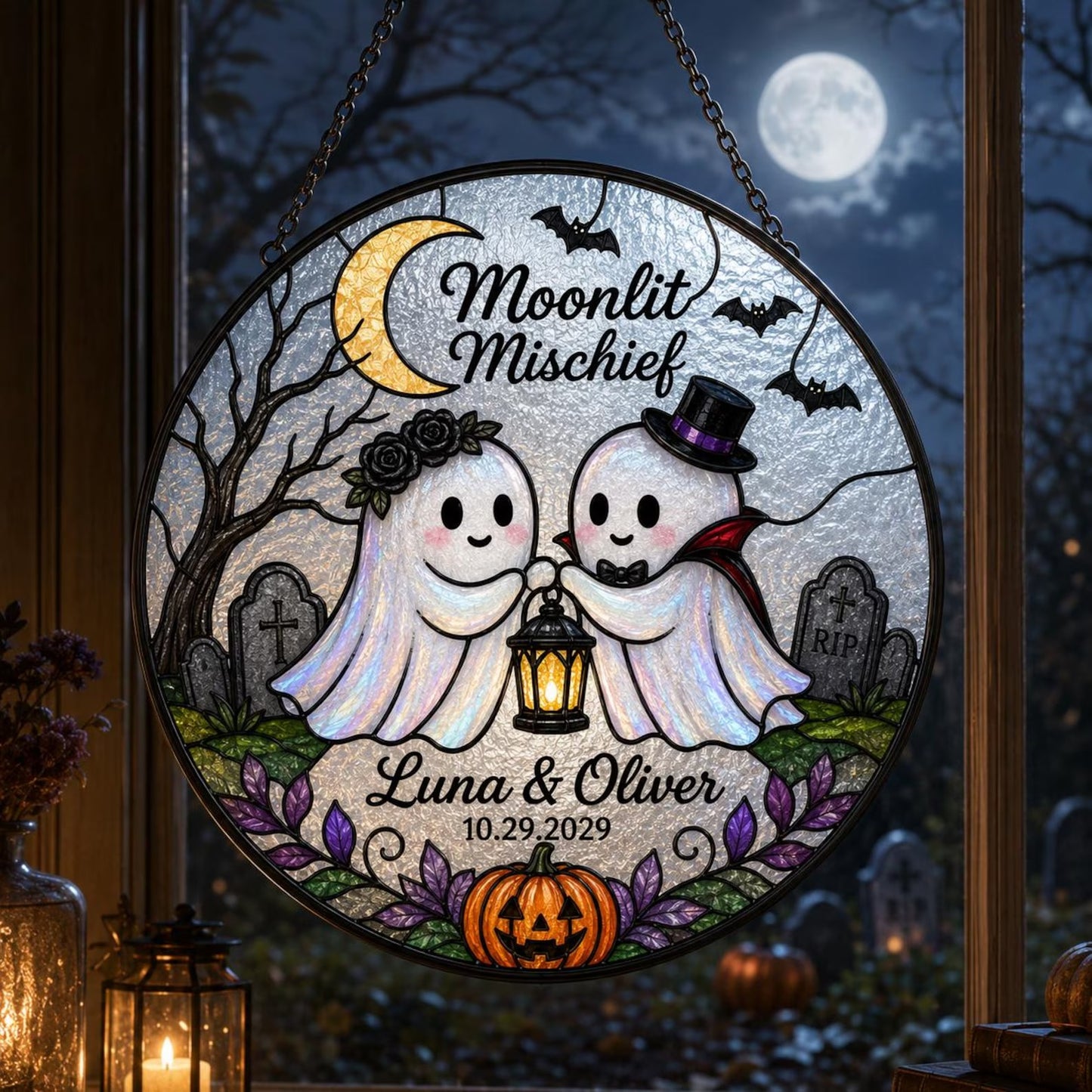 Personalized Ghost Couple Halloween Suncatcher