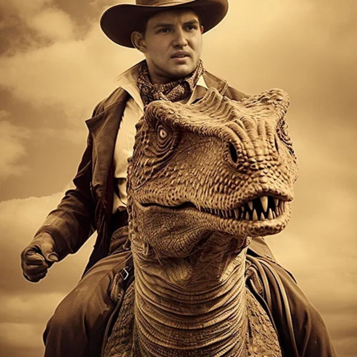 Custom Vintage Portrait: A Western Cowboy Riding a Dinosaur