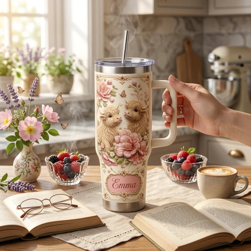 🌺✨ Personalized Highland Cow & Pink Floral Tumbler