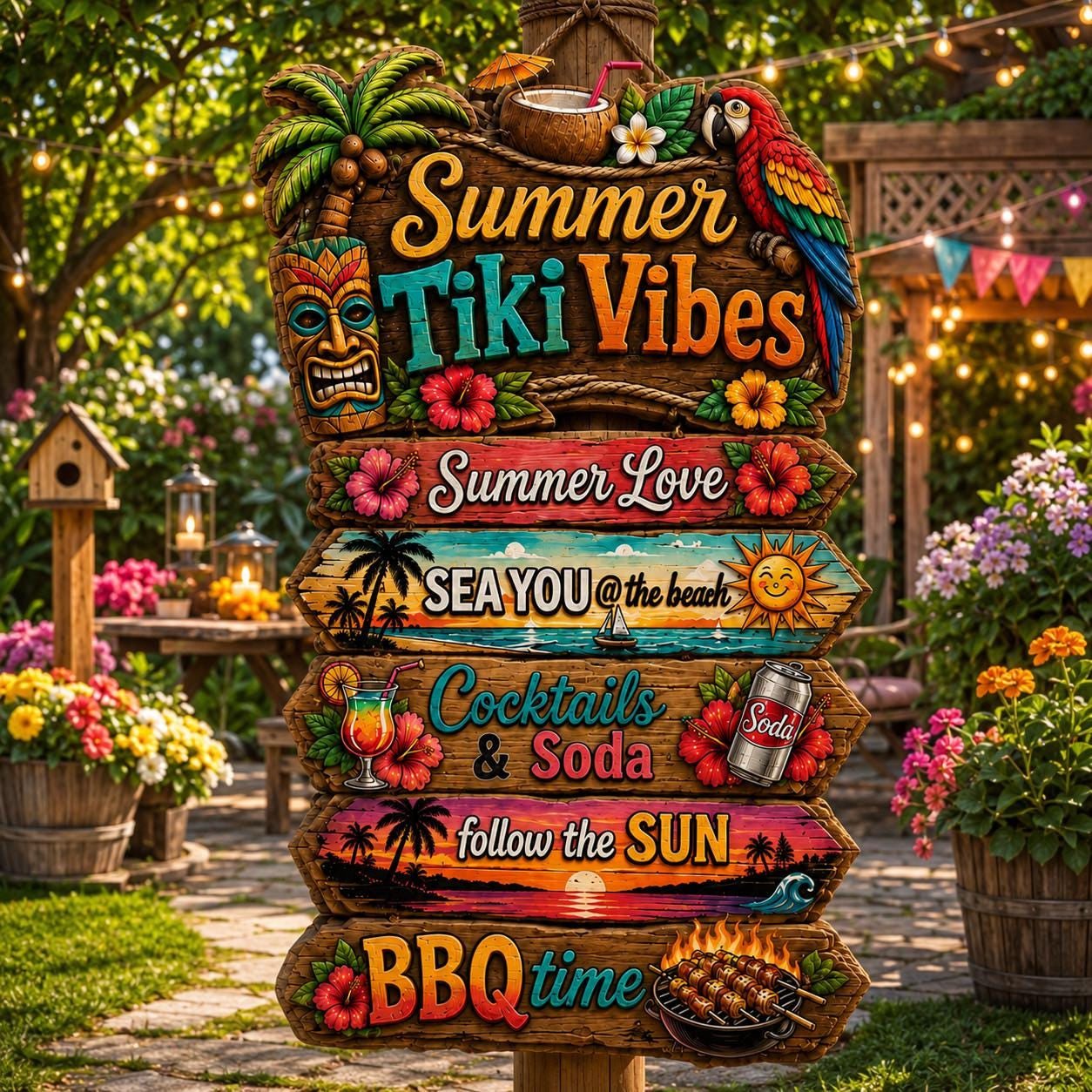 Summer Tiki Vibes Directional Sign Tropical Beach Party Wooden Decor