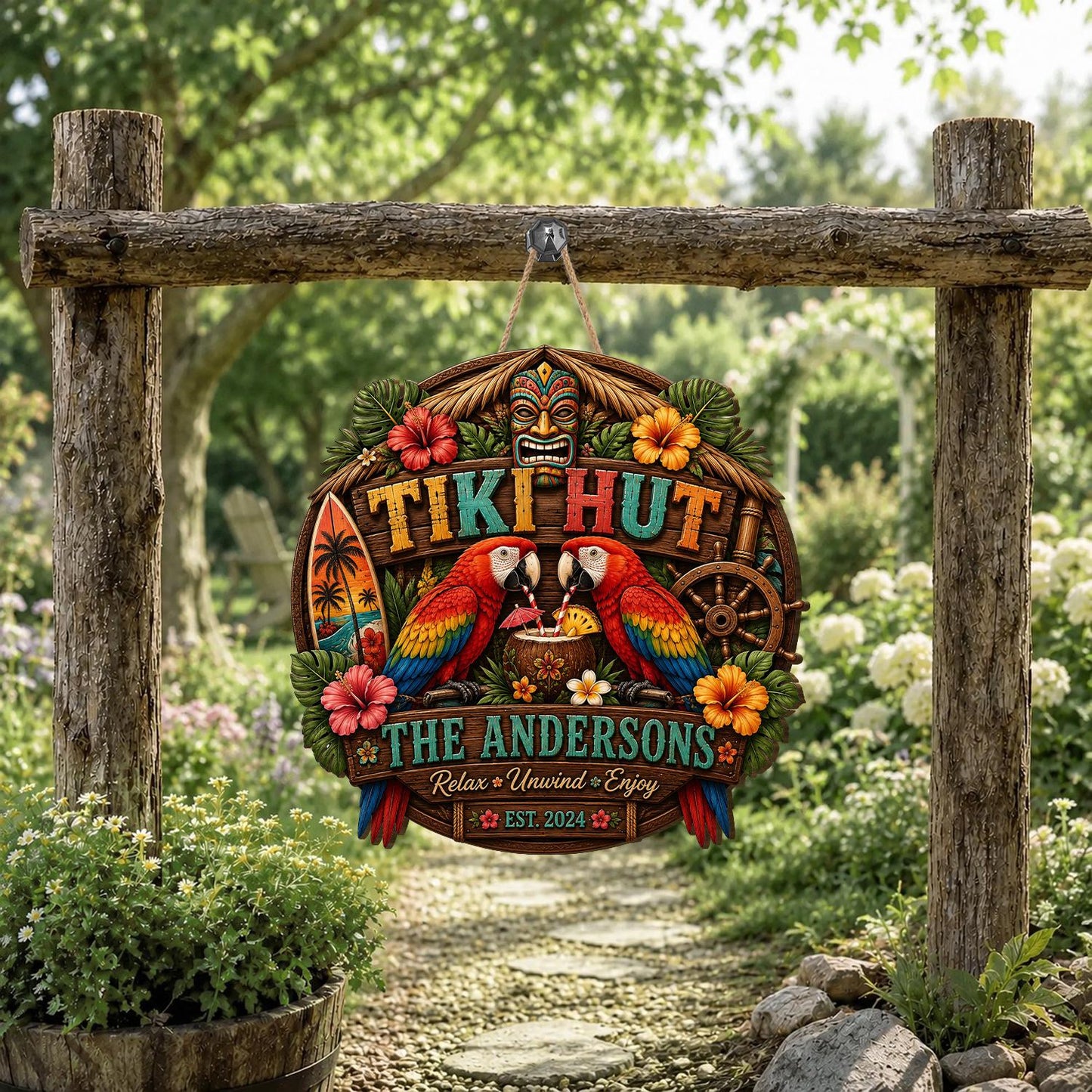 Personalized Tiki Hut, Tropical Macaw, Family Beach Bar Door Sign