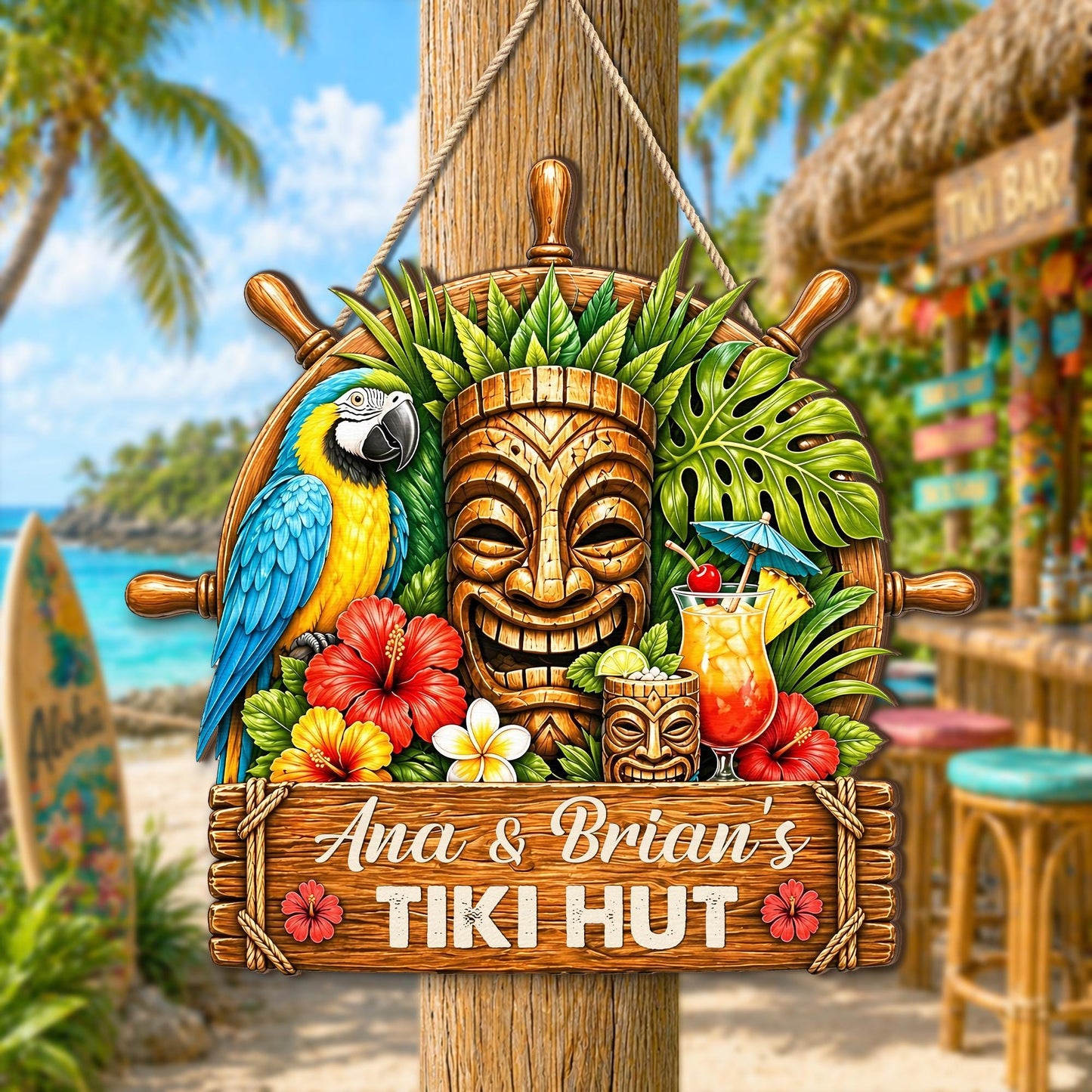 Custom Tropical Beach Bar Decor, Parrot Nautical Tiki Hut Wooden Hanging Sign