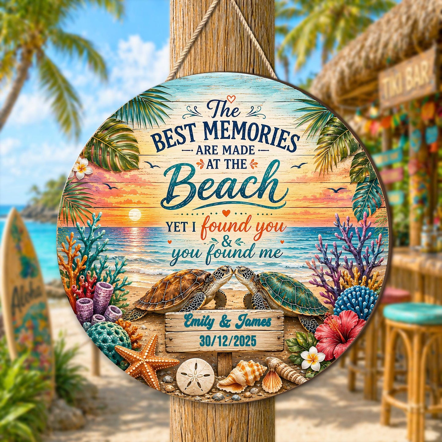 Custom Couple Sea Turtle Beach Memories Wooden Hanging Sign