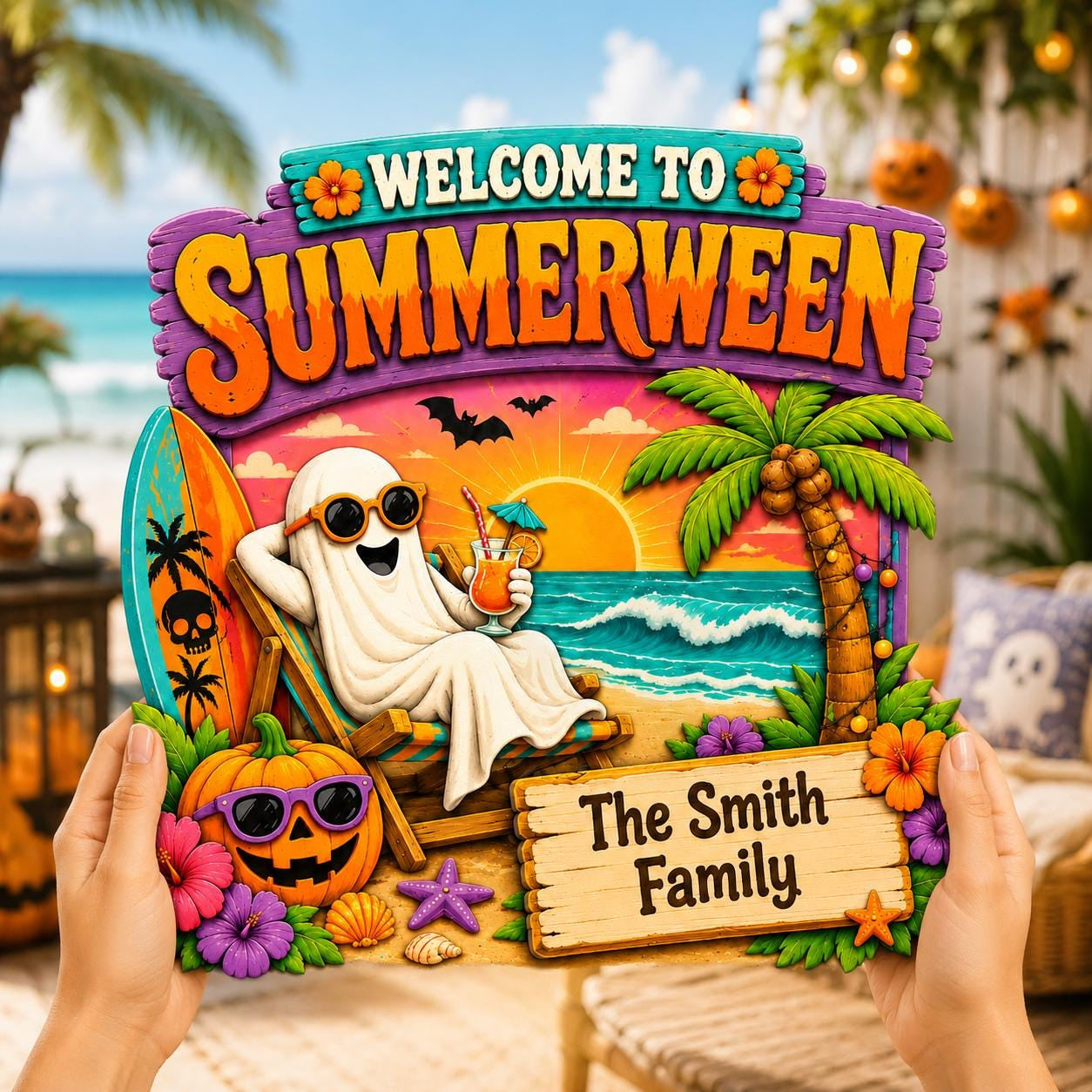 Custom Summerween Beach Wooden Hanging Door Sign