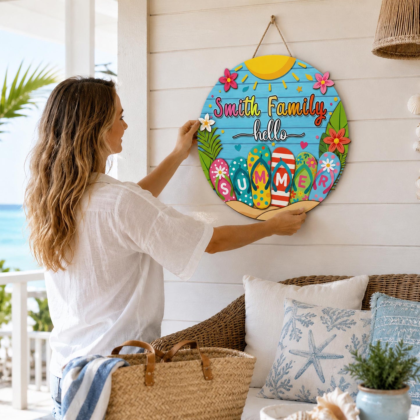 Custom Hello Summer Door Sign, Coastal Wooden Door Hanger