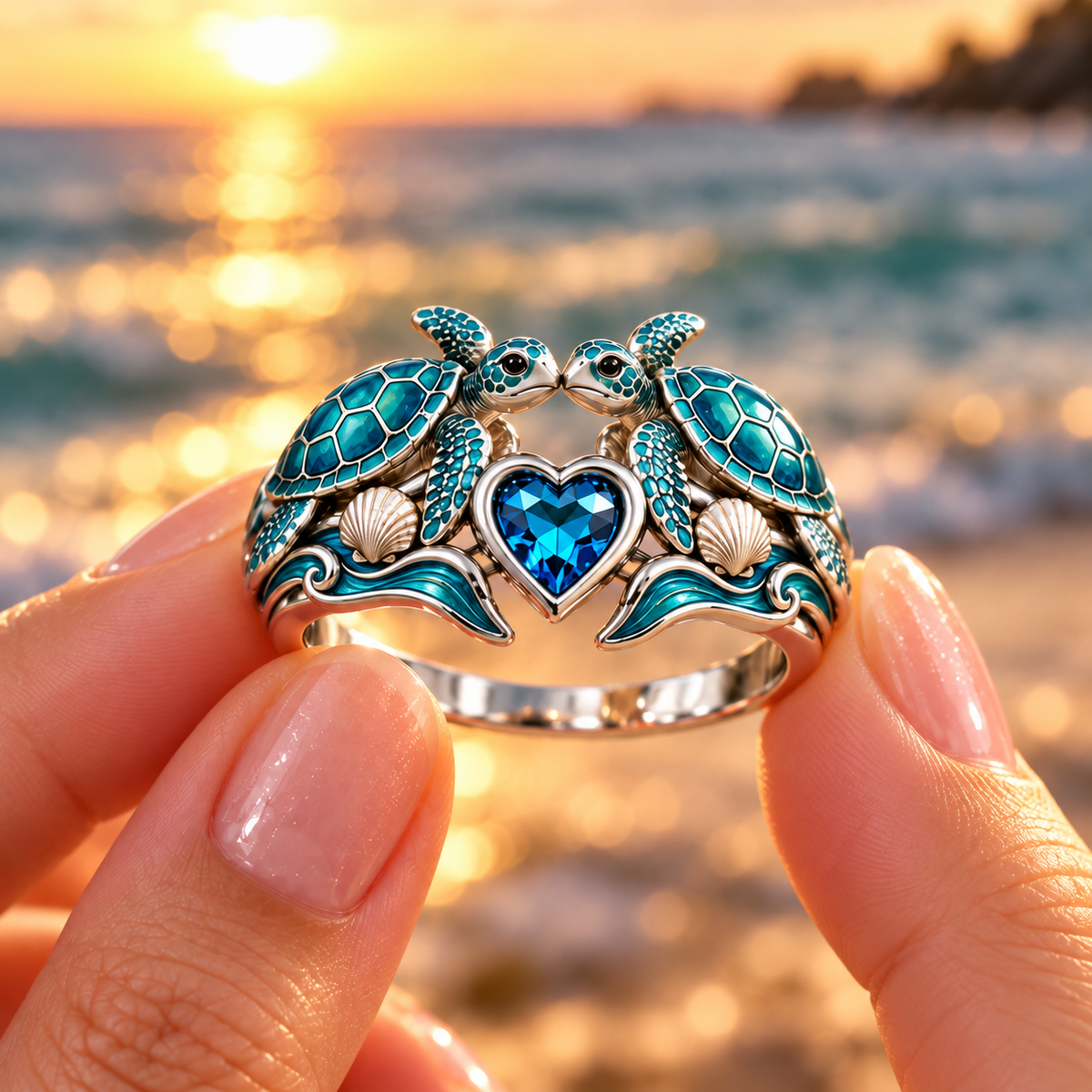 🐢💙Double Sea Turtle Blue Heart Ring – Two Turtles, One Love