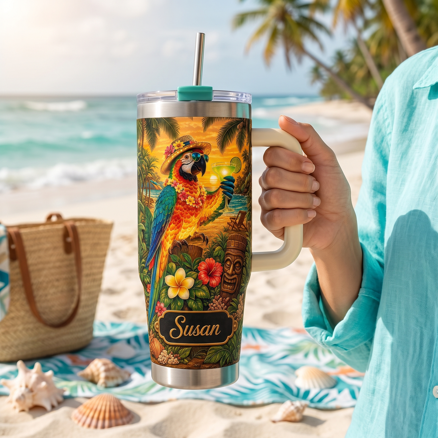 🏖️ Personalized Tropical Parrot Tumbler🌴🌊