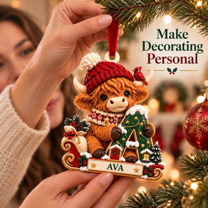 🐮 Personalized Highland Cow "Cozy Sleigh" Ornament | Custom Initial & Name Christmas Keepsake