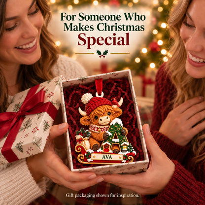 🐮 Personalized Highland Cow "Cozy Sleigh" Ornament | Custom Initial & Name Christmas Keepsake