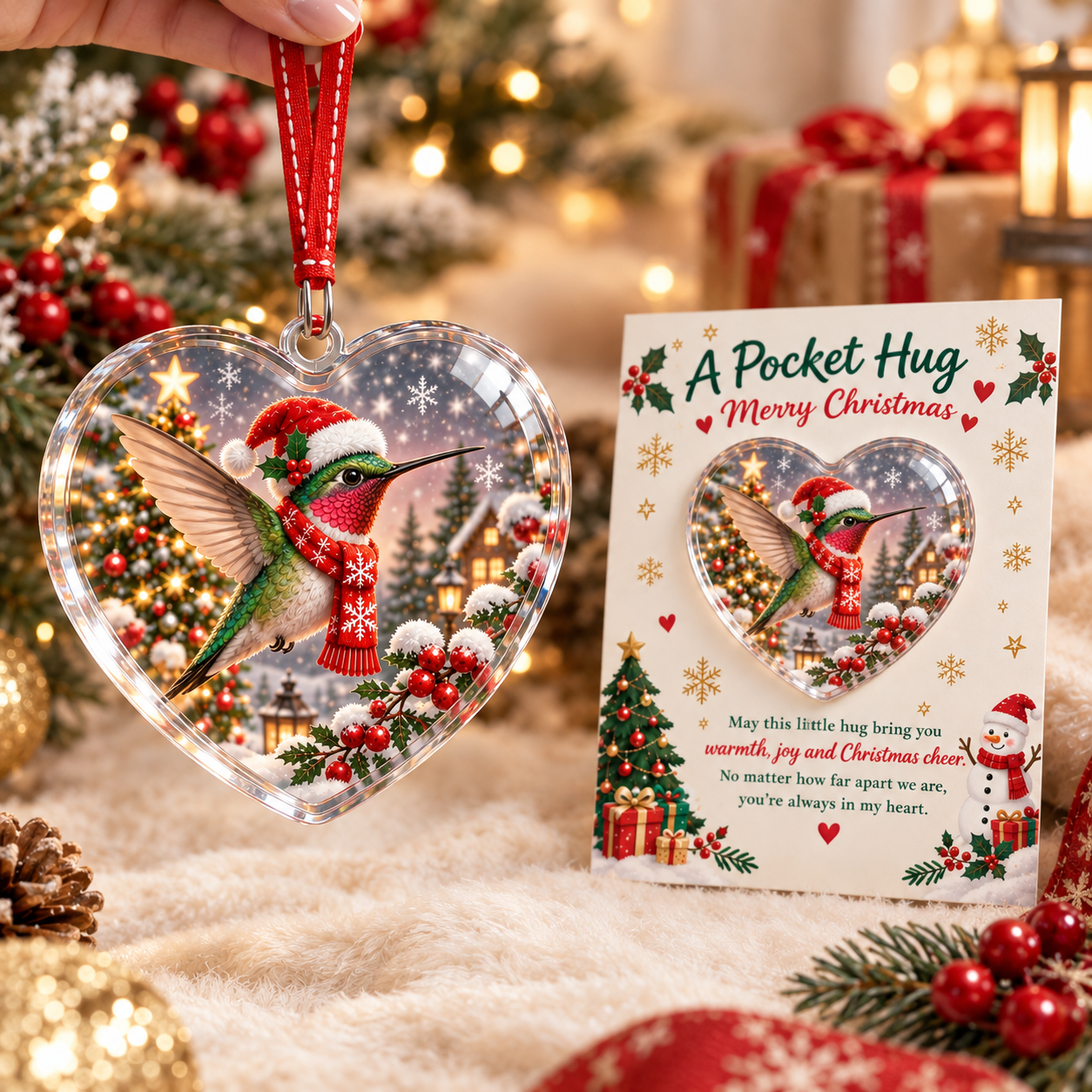 🎄 A Pocket Hug Christmas Crystal Ornament – Heart Shaped Keepsake Gift Card