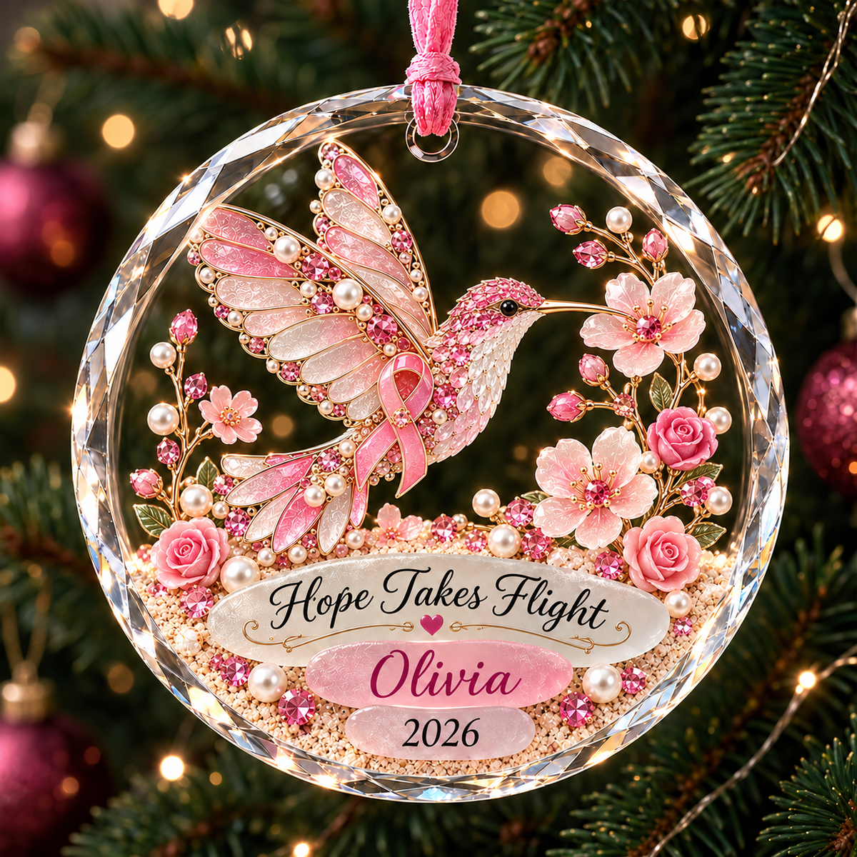 🎀 Personalized Pink Ribbon Animal Ornament