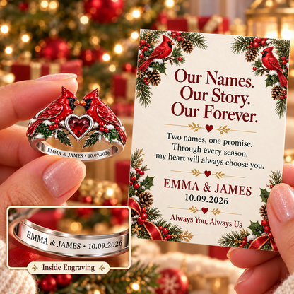 💞Personalized Double Cardinal Heart Ring – Engraved Names & Date🐦