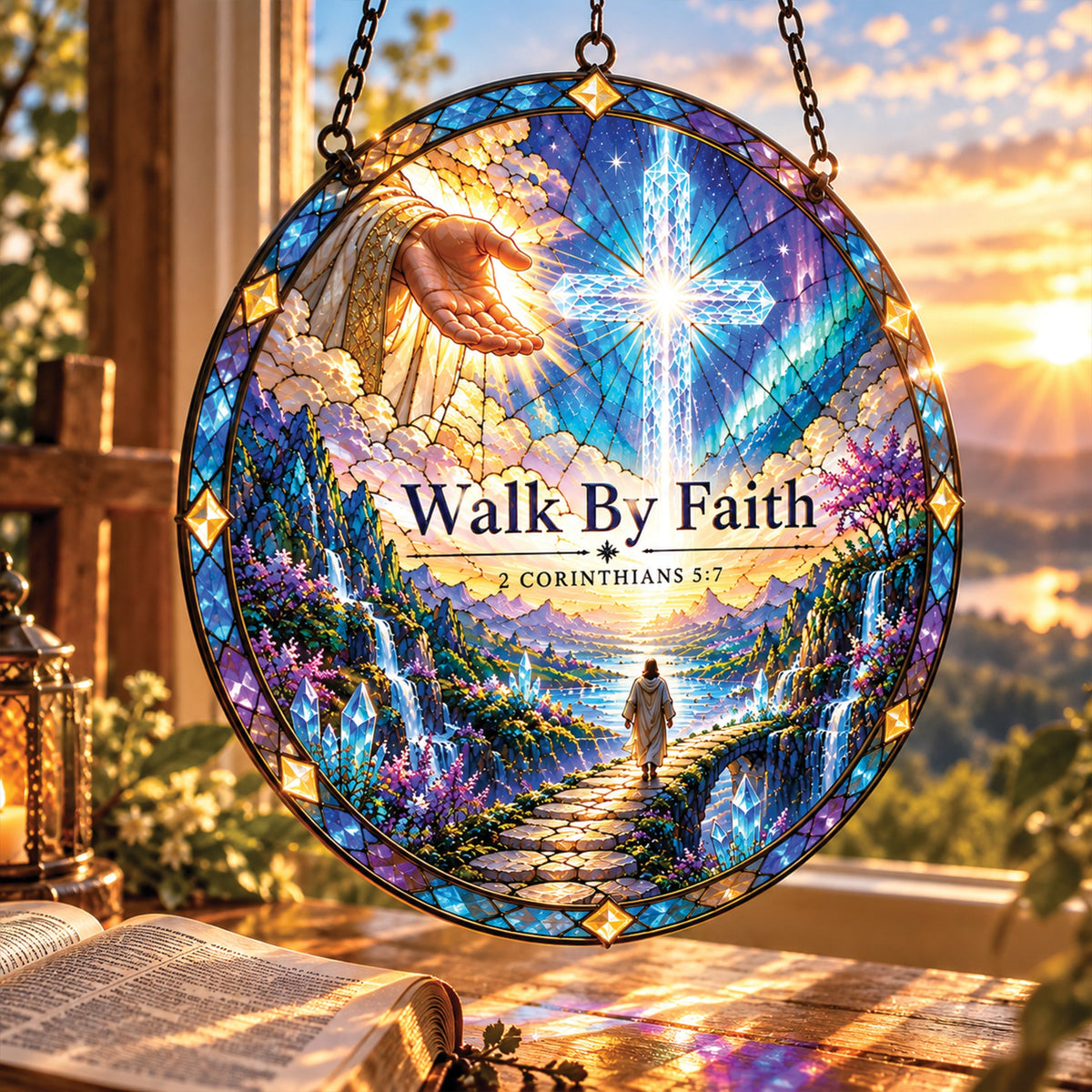 Christian Stained Glass Suncatcher – Faith Window Hanging Ornament with Bible Verse