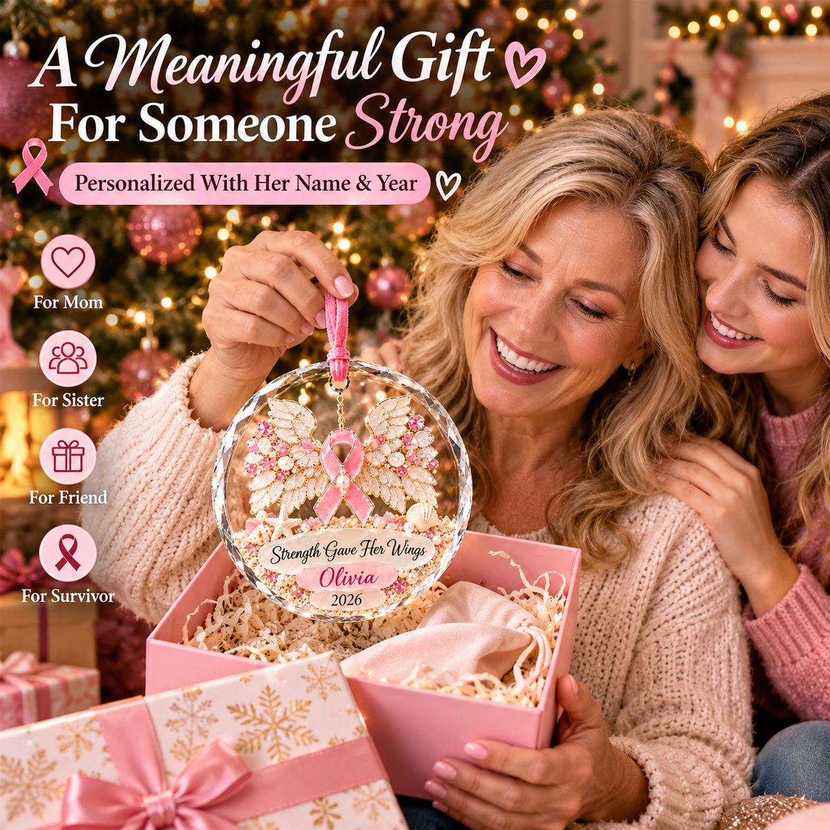 🎀 Personalized Breast Cancer Fighter Crystal Christmas Ornament