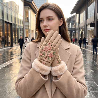 🦋 Personalized Floral Winter Gloves – Custom Name & Cozy Plush Cuffs