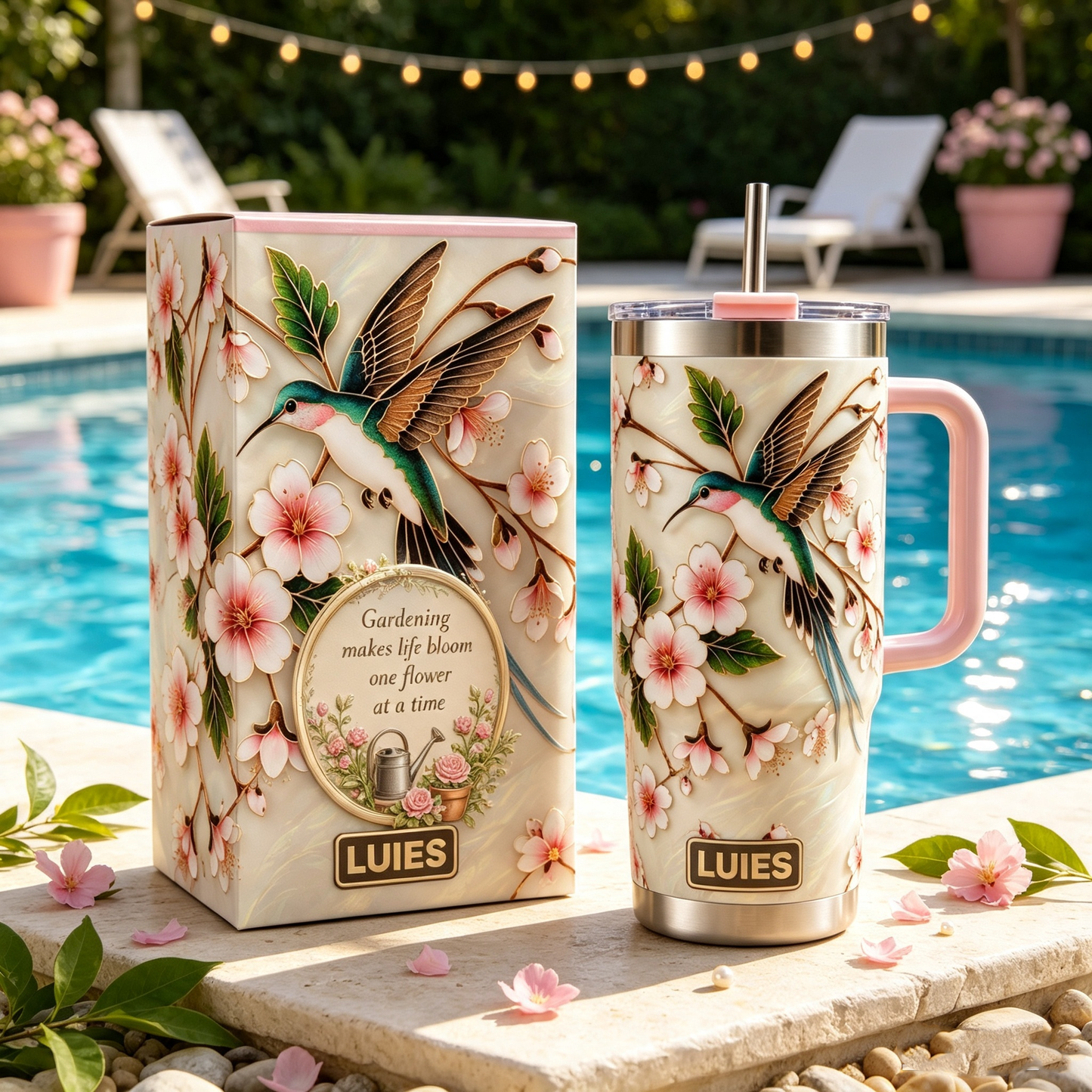 🌸 Personalized Hummingbird Pink Garden Tumbler