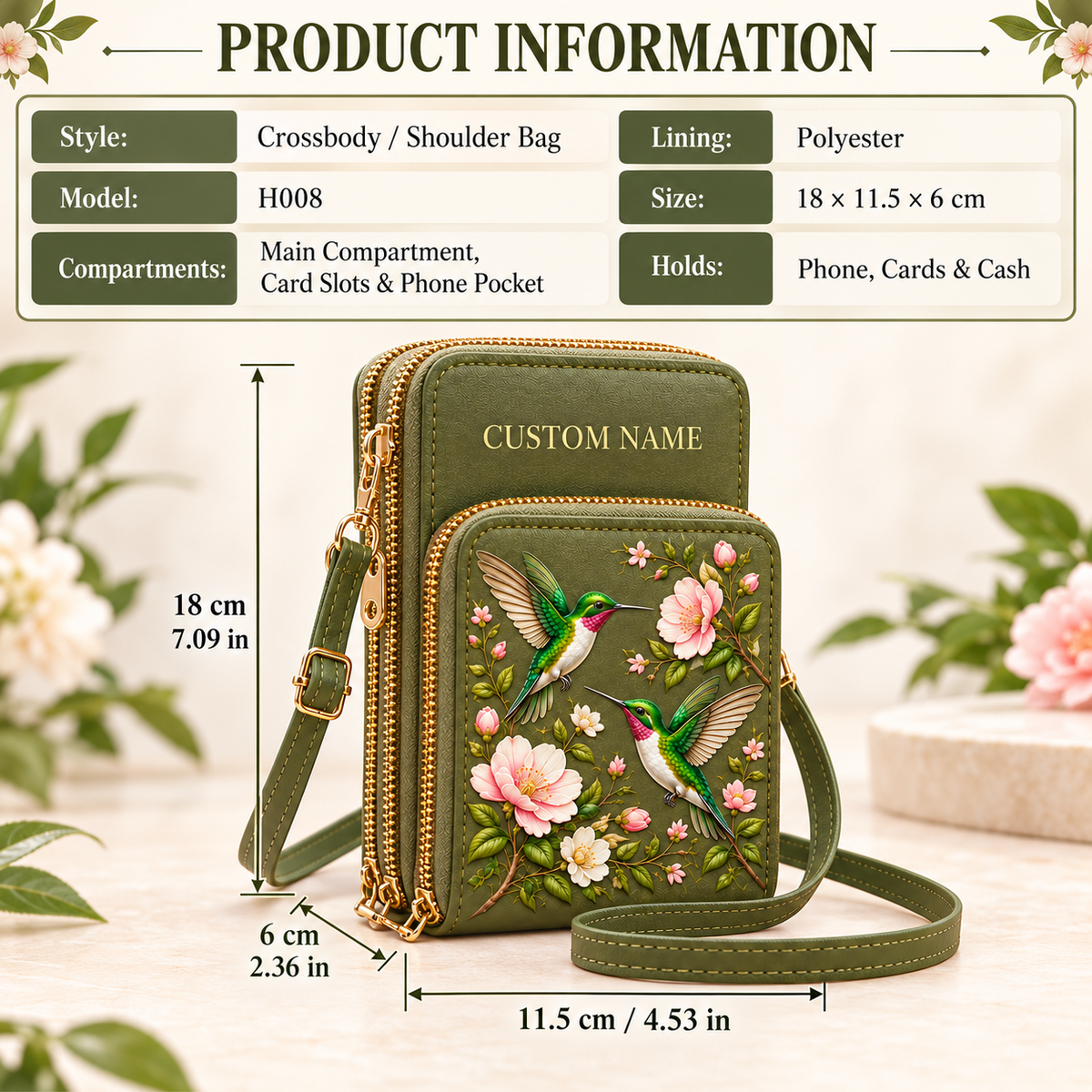 Personalized Hummingbird Touchscreen Crossbody