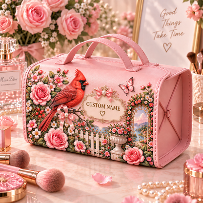 🌸 Personalized Pink Garden Animals Makeup Organizer Bag with Large Capacity Compartments