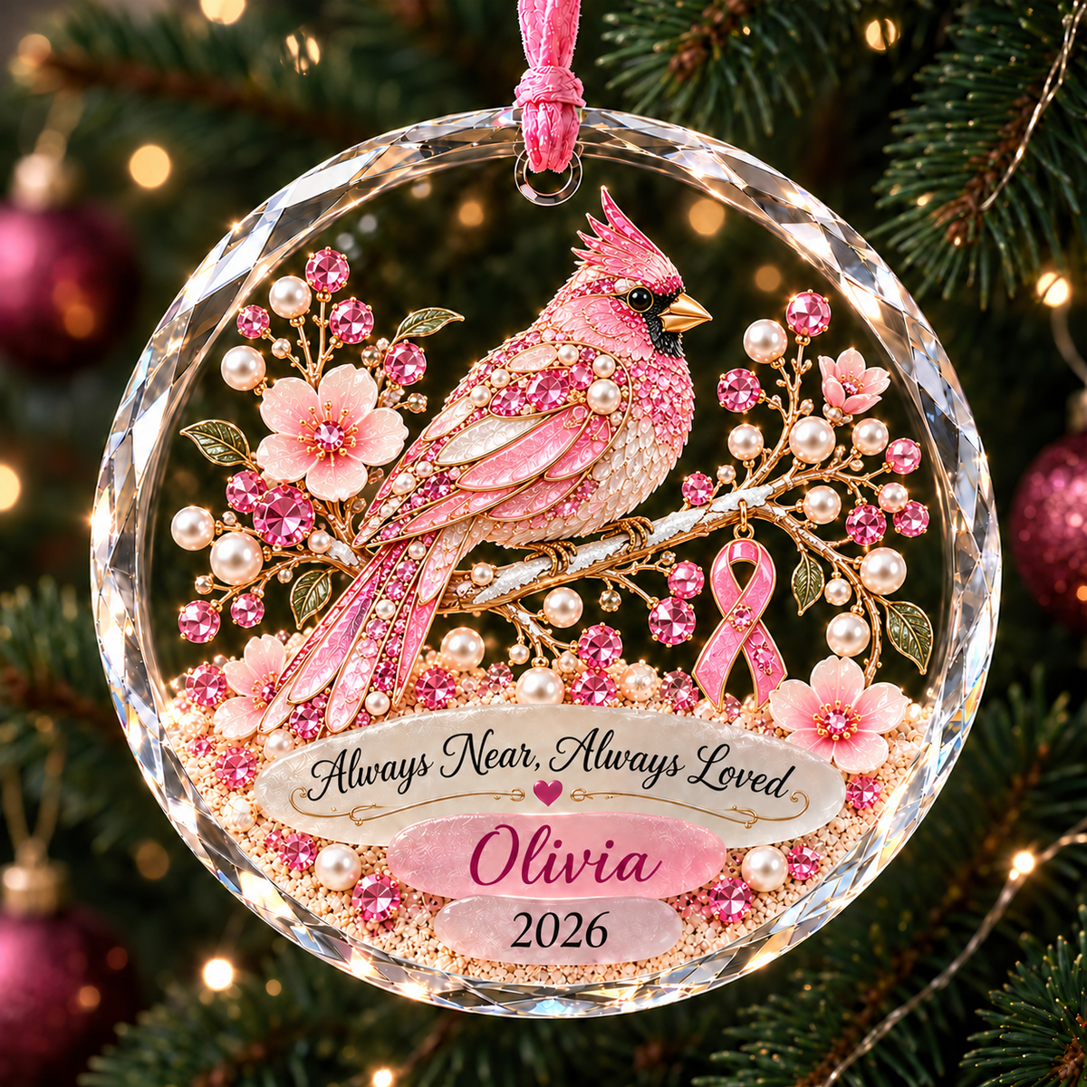 🎀 Personalized Pink Ribbon Animal Ornament