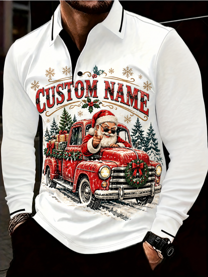 Personalized Santa Christmas Polo Shirt - Custom Name Men’s Long Sleeve Holiday Shirt 🎅🎄