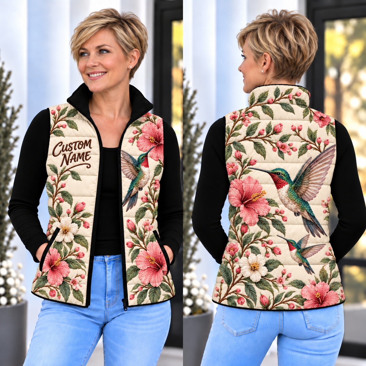 🌸 Her Name in Bloom — Personalized Hummingbird Down Vest
