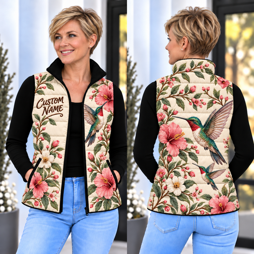 🌸 Her Name in Bloom — Personalized Hummingbird Down Vest