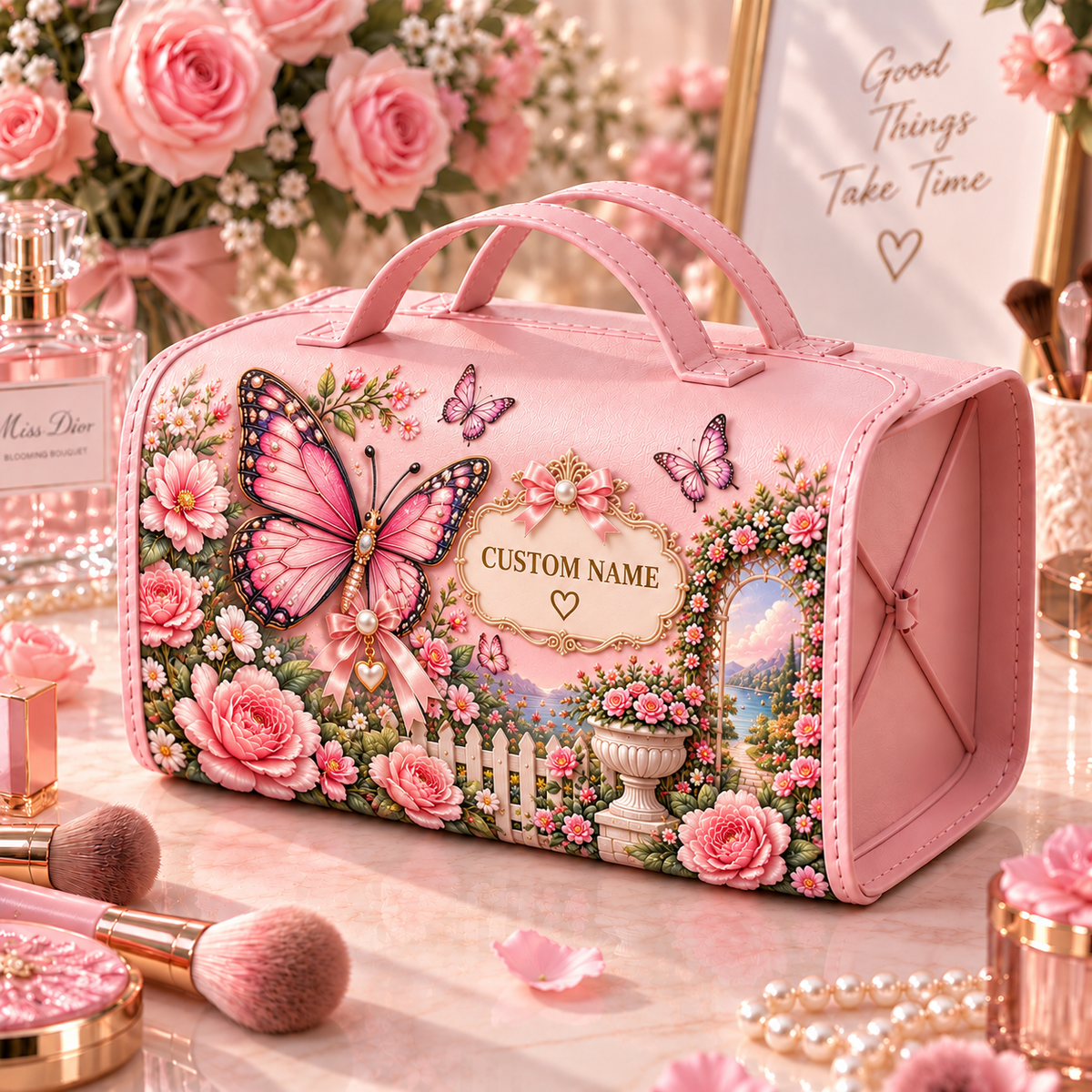 🌸 Personalized Pink Garden Animals Makeup Organizer Bag with Large Capacity Compartments