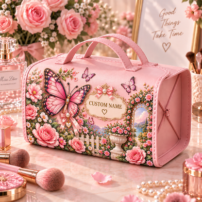 🌸 Personalized Pink Garden Animals Makeup Organizer Bag with Large Capacity Compartments