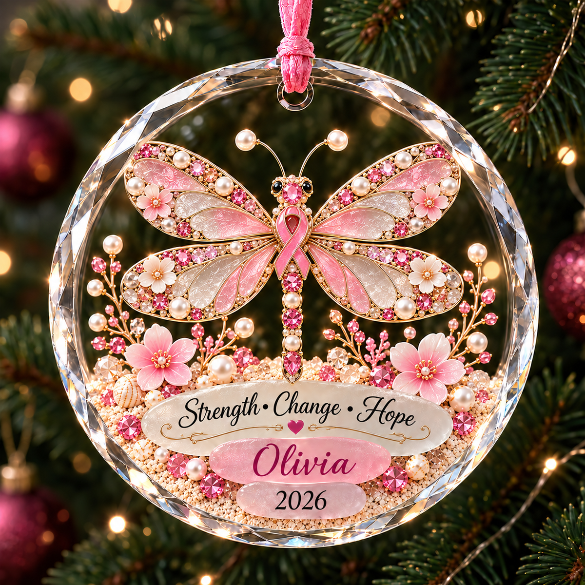 🎀 Personalized Pink Ribbon Animal Ornament