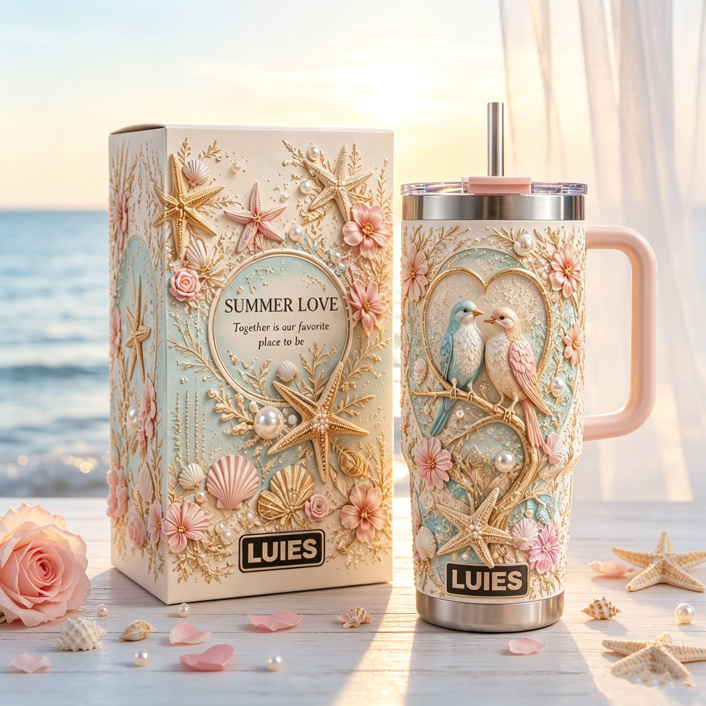 💕 Personalized Summer Beach Love Birds Tumbler – Romantic Coastal Style for Every Sip