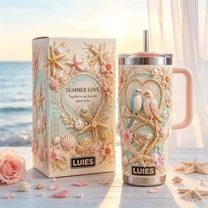 💕 Personalized Summer Beach Love Birds Tumbler – Romantic Coastal Style for Every Sip