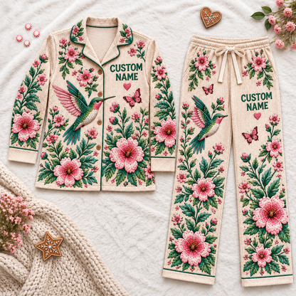 Personalized Hummingbird Floral Pajama Set – Custom Name Cozy Button-Up Lounge Set 💗