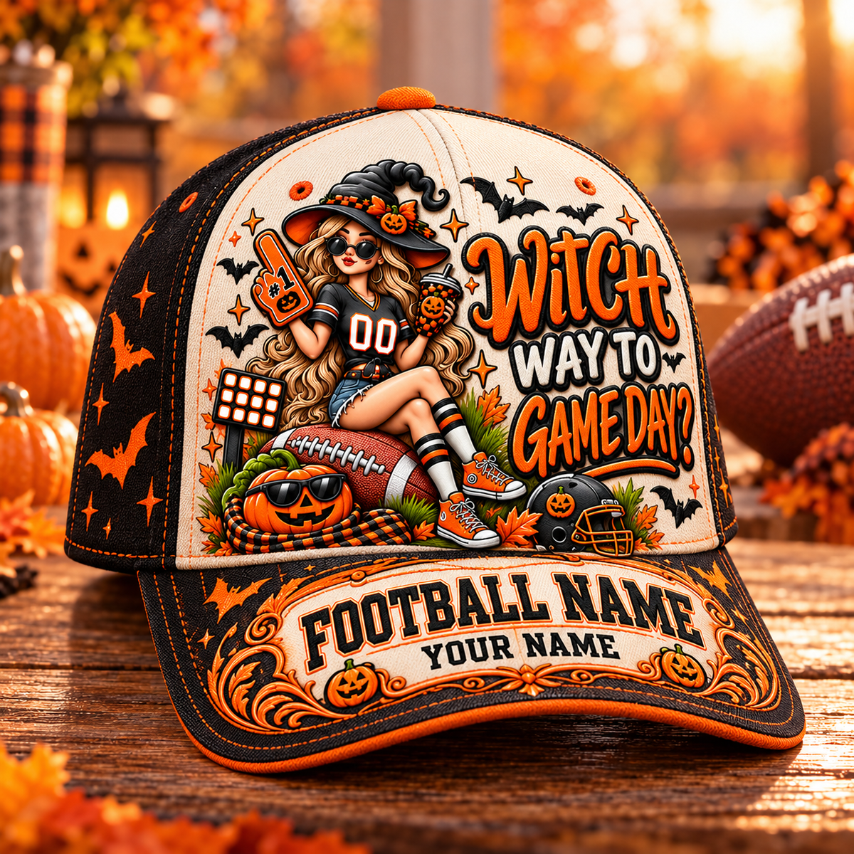 🏈🎃Personalized Vintage Casual Halloween&Football Baseball Cap – Custom Team Name Game Day Cap