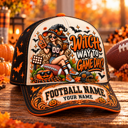 🏈🎃Personalized Vintage Casual Halloween&Football Baseball Cap – Custom Team Name Game Day Cap