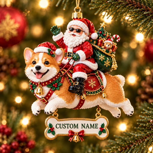 Personalized Dog Christmas Ornament With Custom Name – Santa Riding Dog Holiday Decor