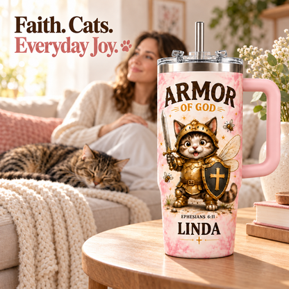 Personalized Armor of God Cat Tumbler – Custom Name Christian Gift