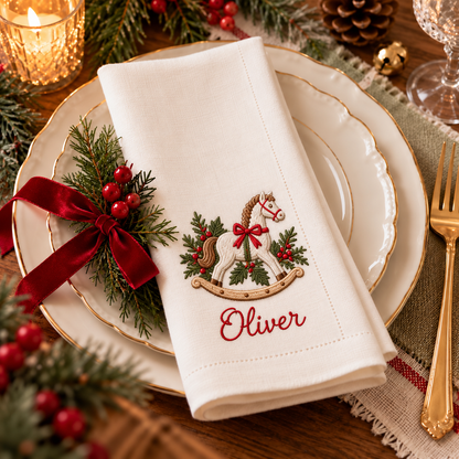 🎄 Personalized Christmas Embroidered Linen Napkin — A Place Just for You