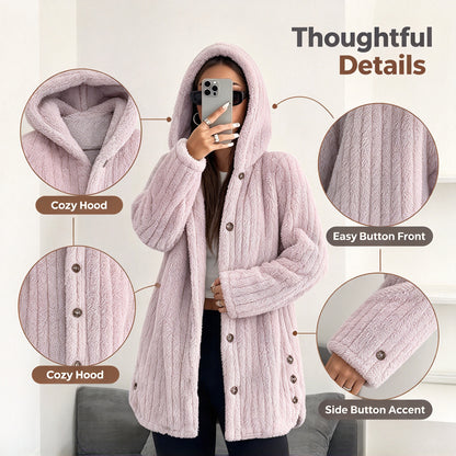 Women’s Lightweight Plush Hooded Jacket, Warm Mid-Length Teddy Bear Cardigan 🧥