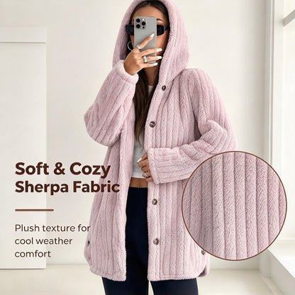 Women’s Lightweight Plush Hooded Jacket, Warm Mid-Length Teddy Bear Cardigan 🧥