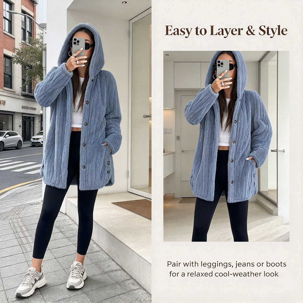 Women’s Lightweight Plush Hooded Jacket, Warm Mid-Length Teddy Bear Cardigan 🧥