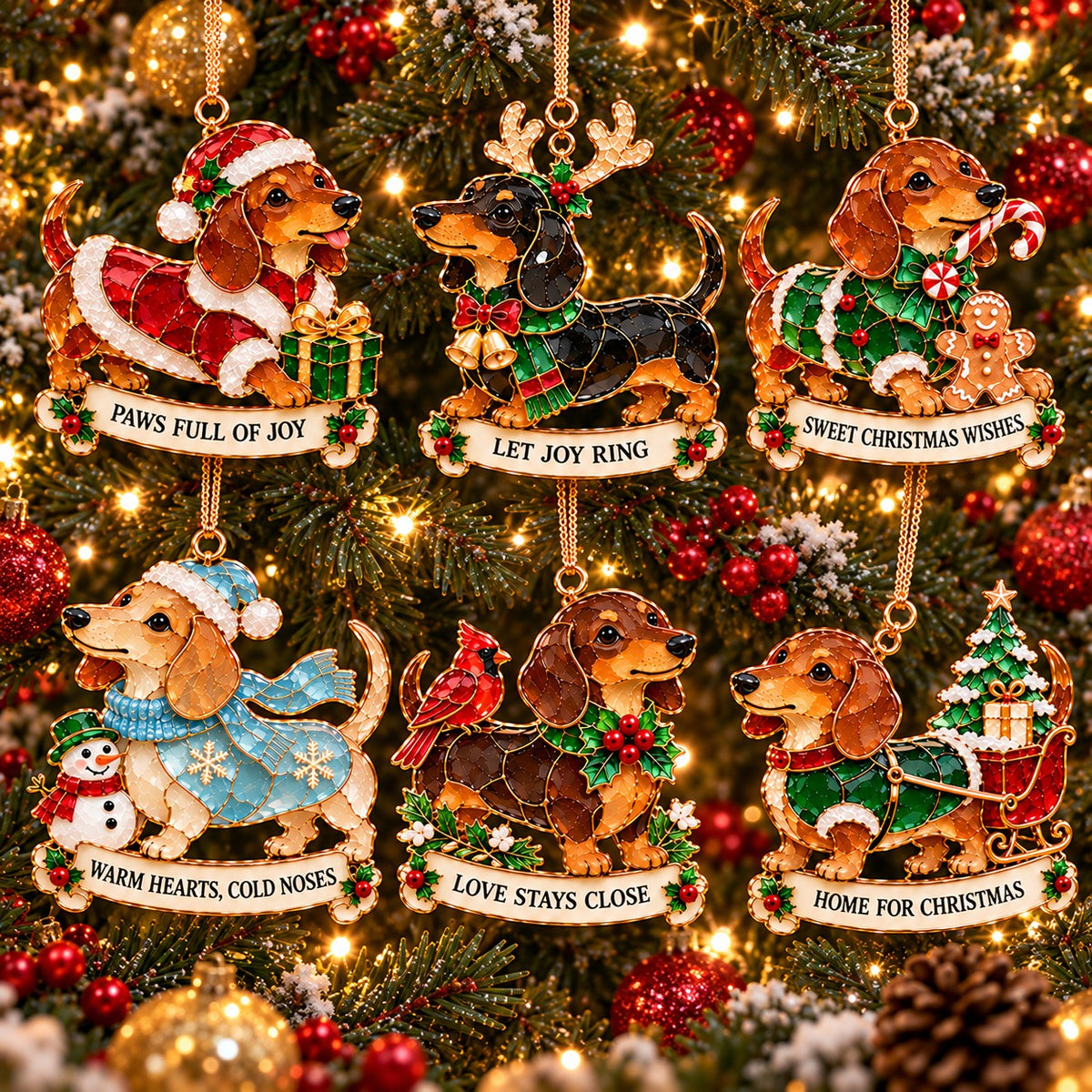🐾🎄 Dachshund Christmas Ornaments Set of 6 - Stained Glass Style